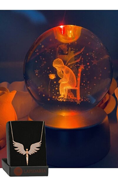 Lapidaria Düşünen Çocuk Küçük Prens Gül Figürlü Işıklı Cam Küre ve Melek Kolye