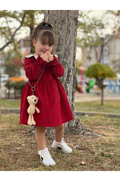 en tarz çocuklar GIRL'S RED VELVET DRESS NEW YEAR-CHRISTMAS (WITH TERRIBLE ACCESSORY GIFT)