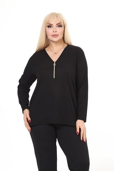 garajmood Black Zippered V-Neck Knitwear Plus Size Blouse