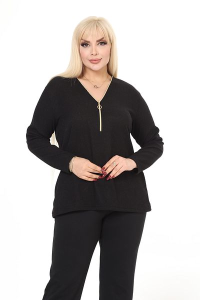 garajmood Black Zippered V-Neck Knitwear Plus Size Blouse