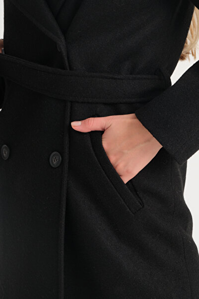 Soydan Güner Oversize Double Breasted Raglan Sleeve Medium Length (120 CM) Wool Content Coat Black 1280