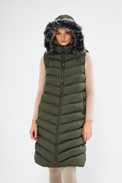 Avakado Μακρύ φουσκωτό γυναικείο γιλέκο με κουκούλα