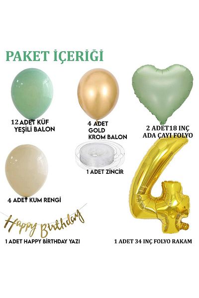 Patladı Gitti Sage Concept 4 Year Old Birthday Set ; Mold Green-chrome Gold- Sea Sand And Sage Heart Foil Balloon