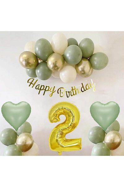 Patladı Gitti Sage Concept 2 Year Old Birthday Set ; Mold Green-chrome Gold- Sea Sand And Sage Heart Foil Balloon