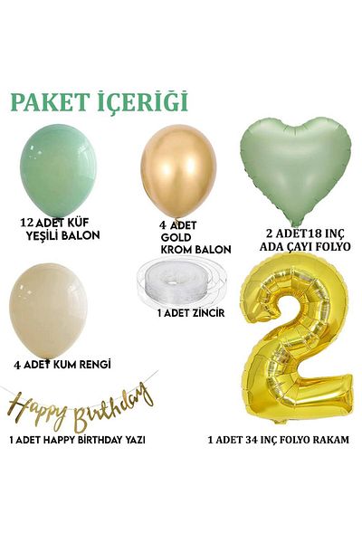 Patladı Gitti Sage Concept 2 Year Old Birthday Set ; Mold Green-chrome Gold- Sea Sand And Sage Heart Foil Balloon