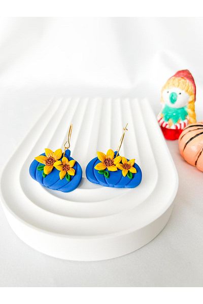 TREND Blue Pumpkin Gold Hoop Earrings with Sunflowers