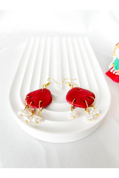 TREND Burgundy Dangle Pearl Detailed Polymer Earrings