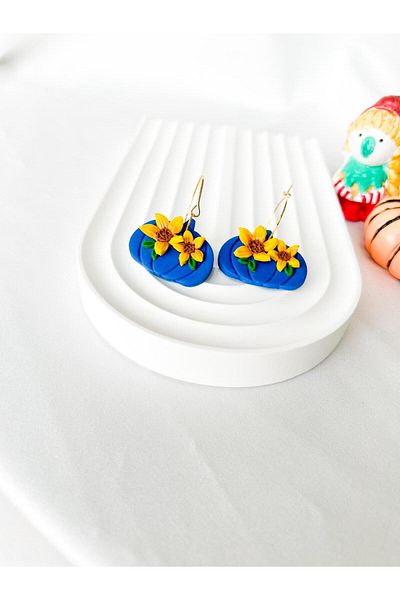 TREND Blue Pumpkin Gold Hoop Earrings with Sunflowers