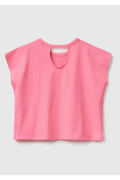 0-12 Benetton Κοριτσίστικο μπλουζάκι με στάμπα με ροζ βελονάκι με κέντημα σλό...