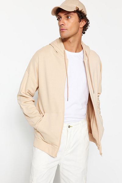 Trendyol Collection Basic Stone Color Oversize Hooded Zippered Sweatshirt - TMNAW22SW0620
