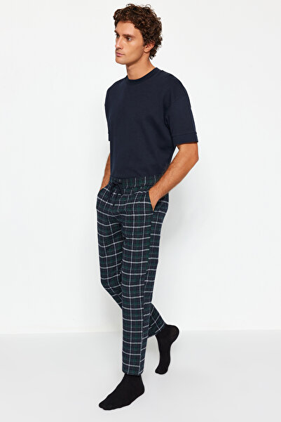 Trendyol Collection Námořnická modrá Zelený kostkovaný Regular Fit Tkané Unisex pyžamové kalhoty Tepláková souprava Tmnaw23Pj00014