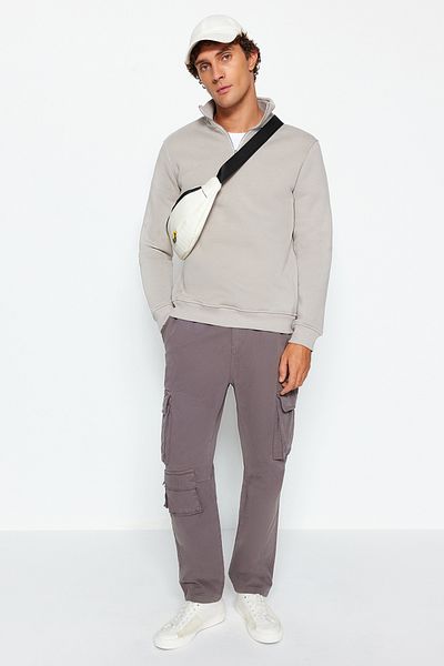 Trendyol Collection Γκρι κανονική/κανονική εφαρμογή γιακάς με φερμουάρ Βαμβακερό φούτερ Basic Fleece εσωτερικά TMNAW24SW00041
