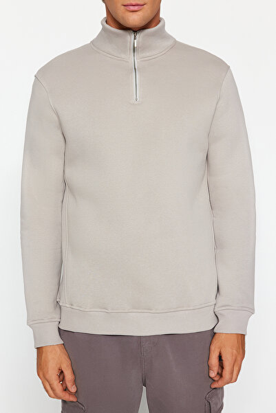 Trendyol Collection Szürke, normál/normál szabású, állógallérral cipzáras pamut Basic polár belső pulóver TMNAW24SW00041