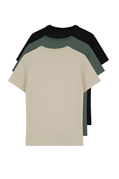 Trendyol Collection Μαύρο-Πετράδινο-Σκούρο Πράσινο Slim/Skinny Crew Neck Basic 100% βαμβακερό μπλουζάκι 3 συσκευασιών TMNSS19BO0007