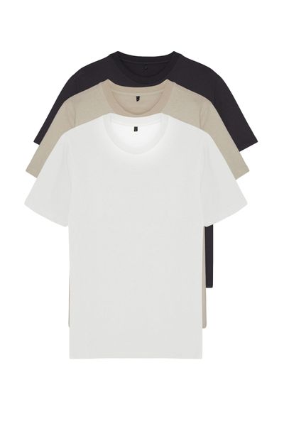 Trendyol Collection Stein-Ecru-Anthrazit Basic Slim/Slim Cut 100 % Baumwolle 3er-Pack T-Shirts TMNSS19BO0007
