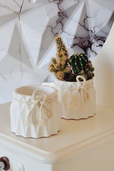 SERENGETİ HOME White Decorative Vase Set of 2 - Concrete Cactus and Small Accessory
