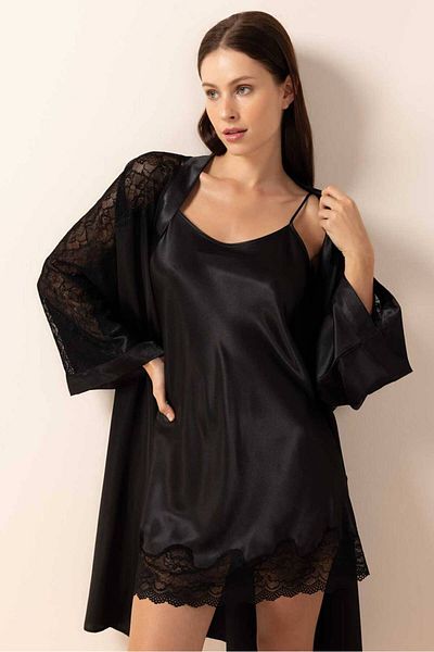 AYYILDIZ 3981 Set cămașă de noapte kimono negru