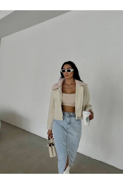 LB Laluna Butik Дамско яке с цип и страничен джоб с яка с шарка на рибена кост, късо палто