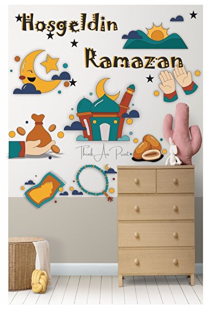 Think And Print Hoşgeldin Ramazan Cam Duvar Sticker - Kabe Kuşlar Ve Fener Fi...
