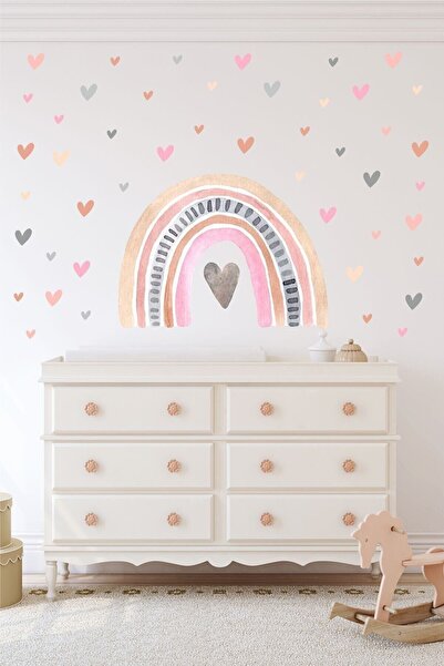 Think And Print Suluboya Gökkuşağı Ve Kalpler Çocuk Odası Duvar Sticker Seti