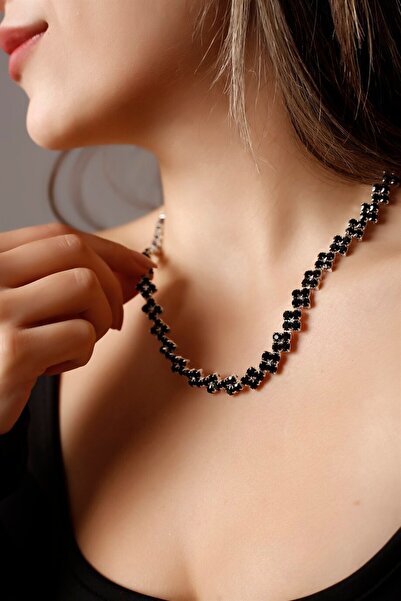 HUBANN Stylish Siyah Baklava Desenli Zirkon Taşlı Choker Kolye Pırlanta Gümüş...