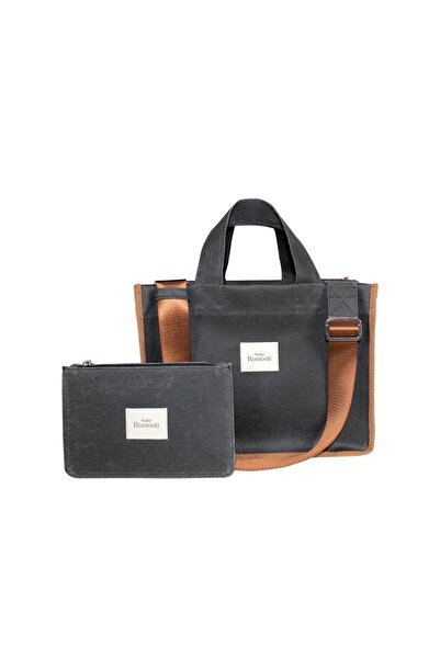 Atelier Bomonti Hishi Rj Tote Bag Anthracite Waxed Canvas Bag Brown Shoulder Strap