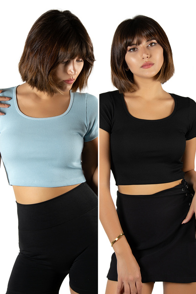 BUCADO Pachet de 2 tricou crop cu mânecă scurtă, albastru deschis, negru