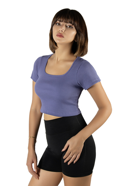 BUCADO Tricou crop cu mânecă scurtă, cu decolteu mov