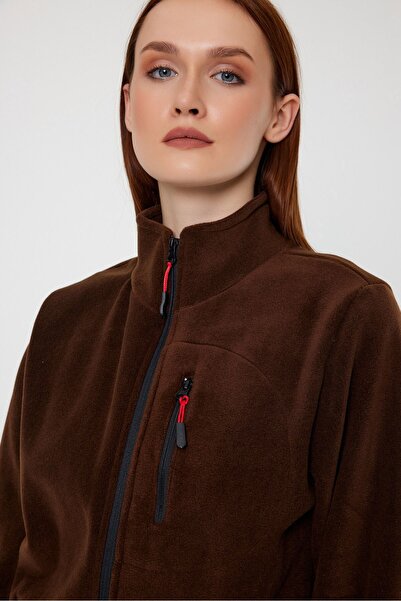 COMBİNE MİCHAİL Kahverengi Tam Fermuarlı 3 Cepli Kadın Polar