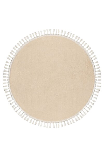 Valery Home Beige Color Vl Round Comfort Pompom Plush Fringed