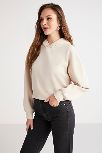 ETHIQUET Γυναικείο φούτερ Ayla Comfort Soft Fit με κουκούλα Crop Beige με φλις εσωτερικά