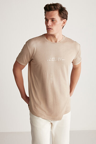 GRIMELANGE Chrıstopher Men's Long Fit Flowing Fabric Embroidered Beige T-shirt