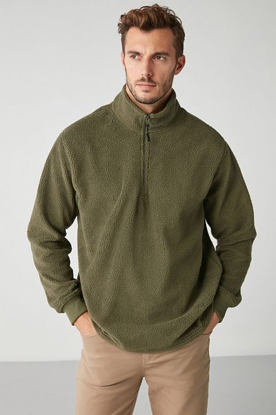 GRIMELANGE Matts Men&#39;s Fleece Half Zipper Thick Textured Oversize Fit Khaki Fleece