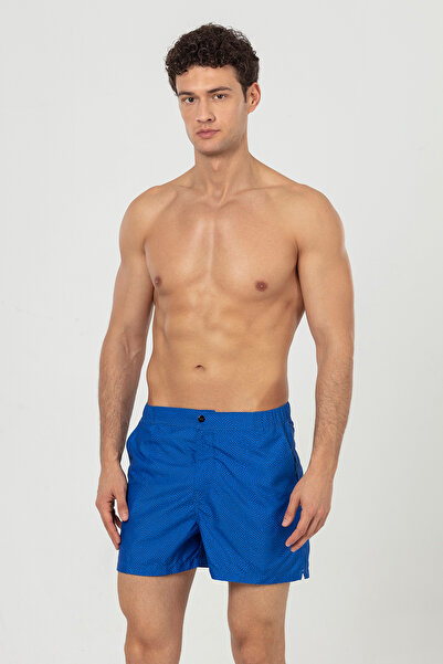 Just Like You Saks Mavi Asimetrik Çizgili Çıtçıtlı Erkek Deniz Şortu