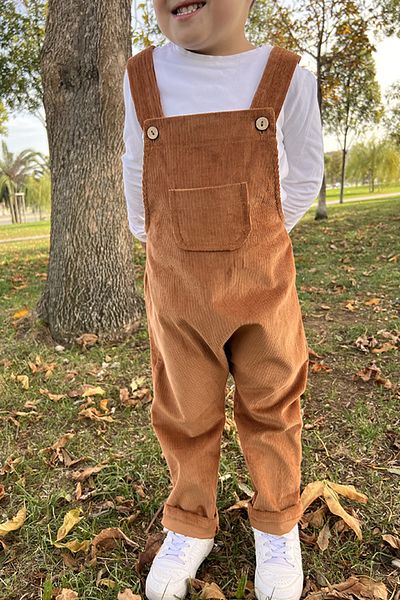 Masnu Çocuk Boy's Salopet Brown Corduroy Winter Thick Velvet Gardener Buttoned Elastic Pocket