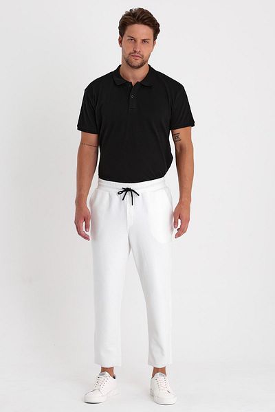 COMBİNE MİCHAİL Men's White Side Pocket Elastic Waist Lace Up Relaxed Fit Comfortable Cut Jogger Pants