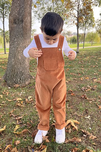 Masnu Çocuk Boy's Salopet Brown Corduroy Winter Thick Velvet Gardener Buttoned Elastic Pocket