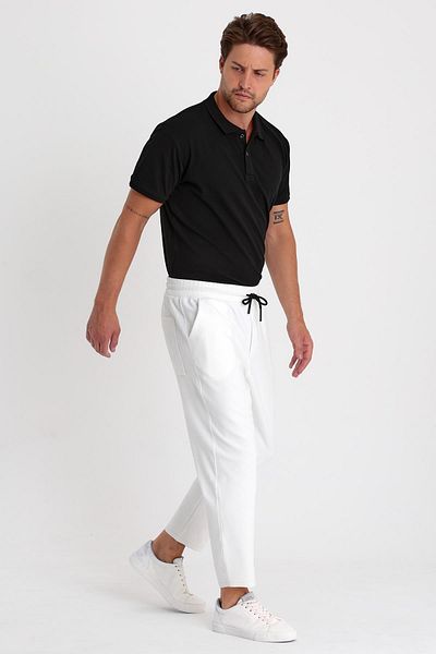 COMBİNE MİCHAİL Men's White Side Pocket Elastic Waist Lace Up Relaxed Fit Comfortable Cut Jogger Pants