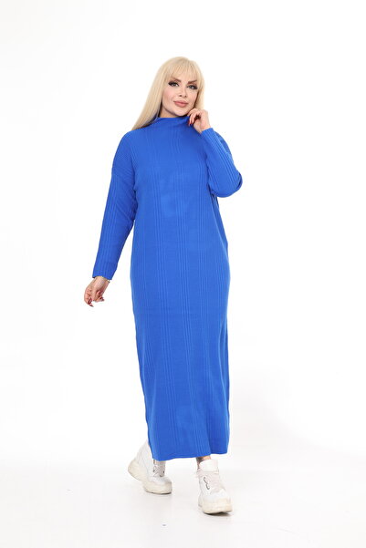 MJORA Rochie tricotată albastră cu guler pe gât