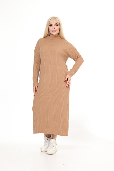 MJORA Κρεμ Πλεκτό Πλεκτό Φόρεμα με μισό ζιβάγκο