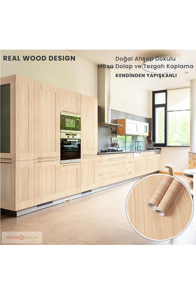 TechnoSmart 60×500cm Kendinden Yapışkanlı Doğal Ahşap Dokulu Kaplama Kağıdı Mutfak Dolap Masa Duvar