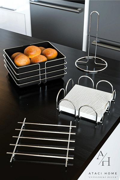 ATACI 1.Quality Stainless Silver Kitchen Serving Presentation Set And Bread Towel Holder Napkin Holder Trivet 4 Pieces