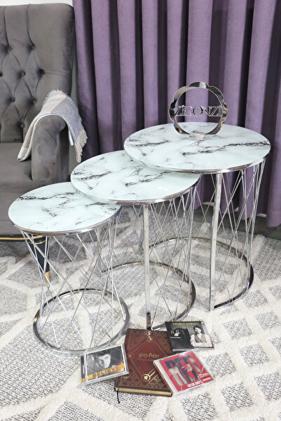 Zigonzi Hasır Model C Zigon Sehpa, Gümüş Metal Beyaz Mermer Desen