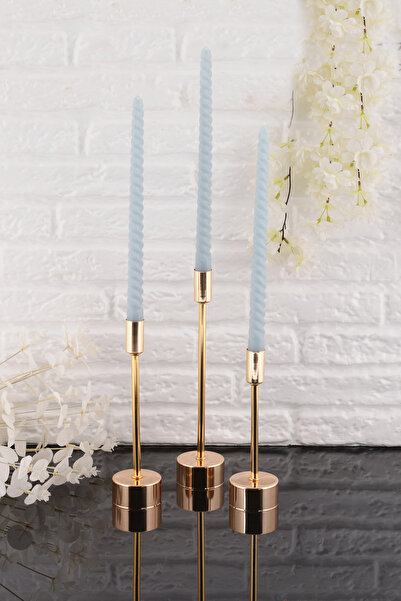 TR Turan Collection Defne 3'lü Şamdan Gold Dekoratif Metal Mumluk Altın Kapla...