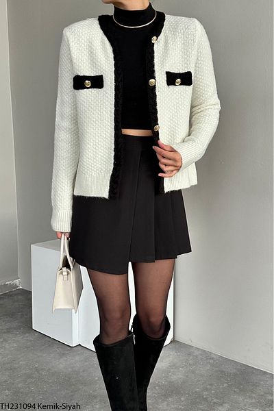 Lupies Women's Cream-black Braided Button Detailed Knitwear Cardigan