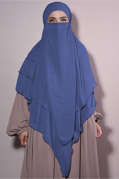 Tek Tesettür Giyim Chiffon Souffle Khimar Ready Veiled Indigo - Indigo