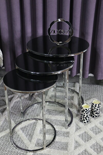 Zigonzi Siyah Camlı Gümüş Metal, Üçlü Zigon Sehpa