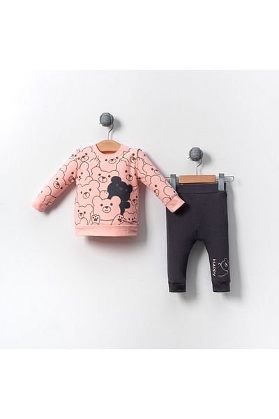 Bubito Happy Bears Patterned Cotton Baby Bottom and Top Set-pink