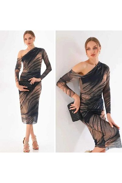 CİXAPLE Φόρεμα με έναν ώμο με στάμπα από τούλι Lycra