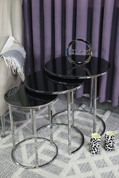 Zigonzi Siyah Camlı Gümüş Metal, Üçlü Zigon Sehpa